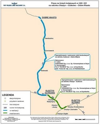 Mapa z zaznaczonym odcinkiem Olsztyn - Gutkowo - Dobre Miasto na liniach kolejowych nr 220 i 221