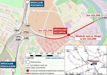 Mapa przedstawiająca lokalizację projektowanego przystanku Wrocław Szczepin oraz lokalizację wiaduktu kolejowego nad ul. Długą.